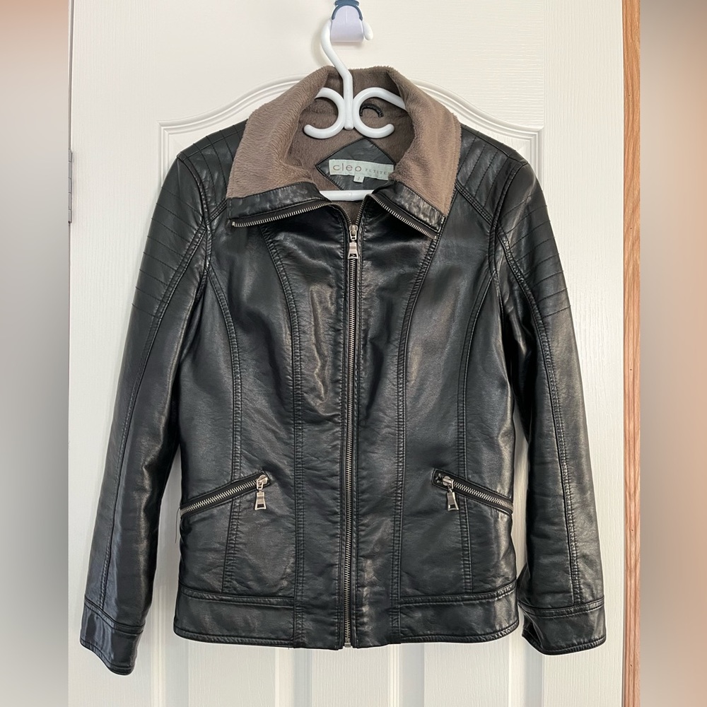 Black faux leather women’s bomber jacket Size Petite Small.